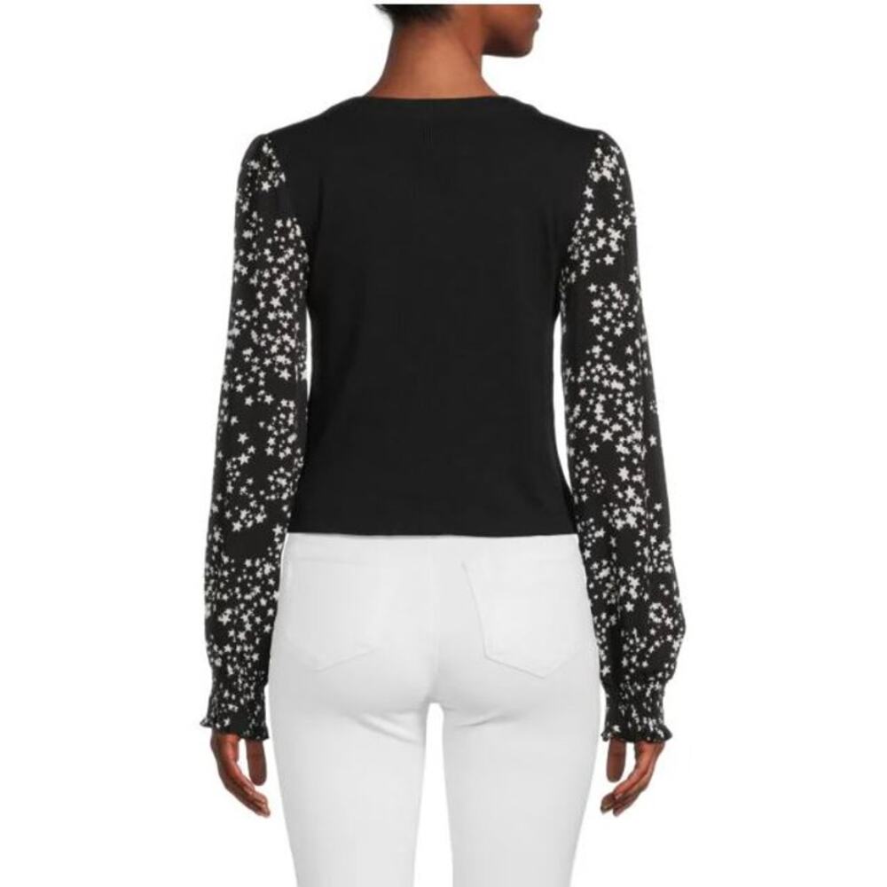 DKNY Womens Star Print Blouse Top XXS Black Ribbed Long Sleeve Career NWT - Picture 2 of 11